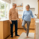 senior woman stand with one leg on the side of kitchen table