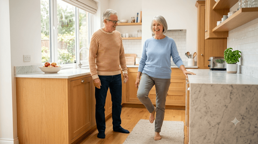 senior woman stand with one leg on the side of kitchen table