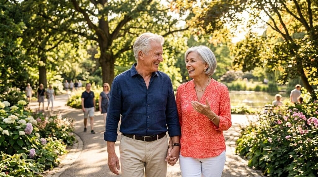 senior couple walking at the park, man wearing tiny hearing aids