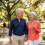 senior couple walking at the park, man wearing tiny hearing aids