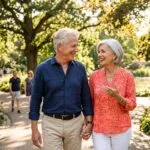 senior couple walking at the park, man wearing tiny hearing aids