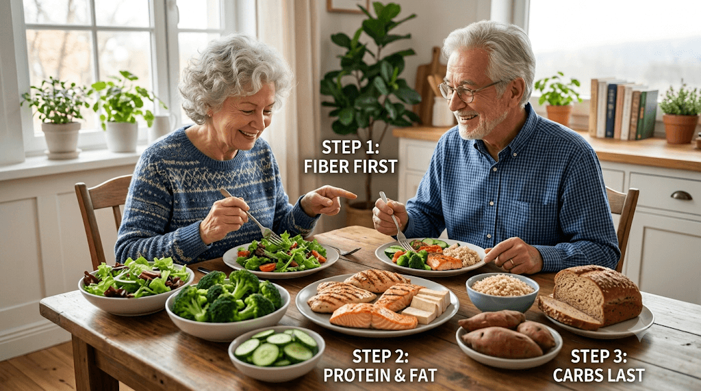 senior couple eating fiber first the protein last crabs